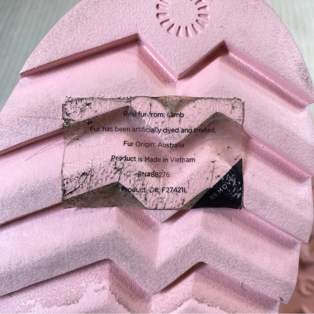 UGG Womens Maxi Slide Logo Sandal Pink Scallop Puff Platform Fur Lined Size 8